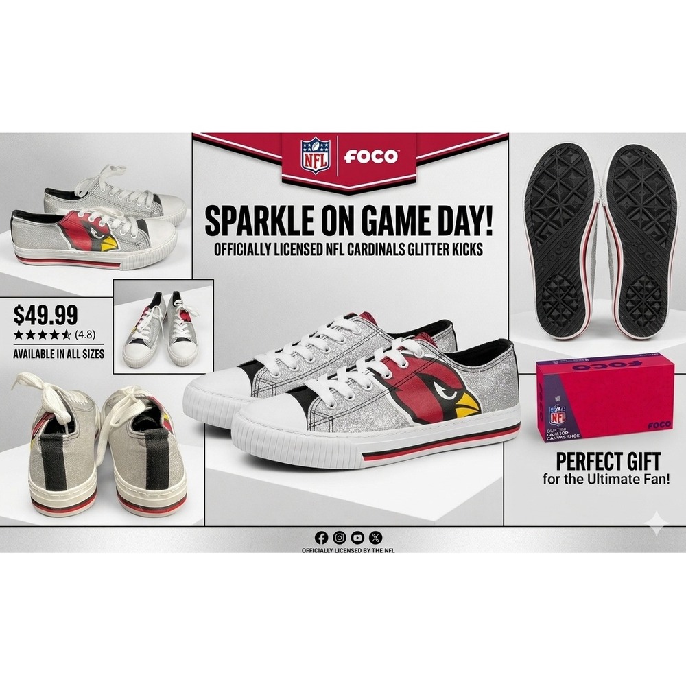 FOCO‎ NFL Arizona Cardinals Women's Size 9 Glitter Low Top Canvas Shoes Sneakers